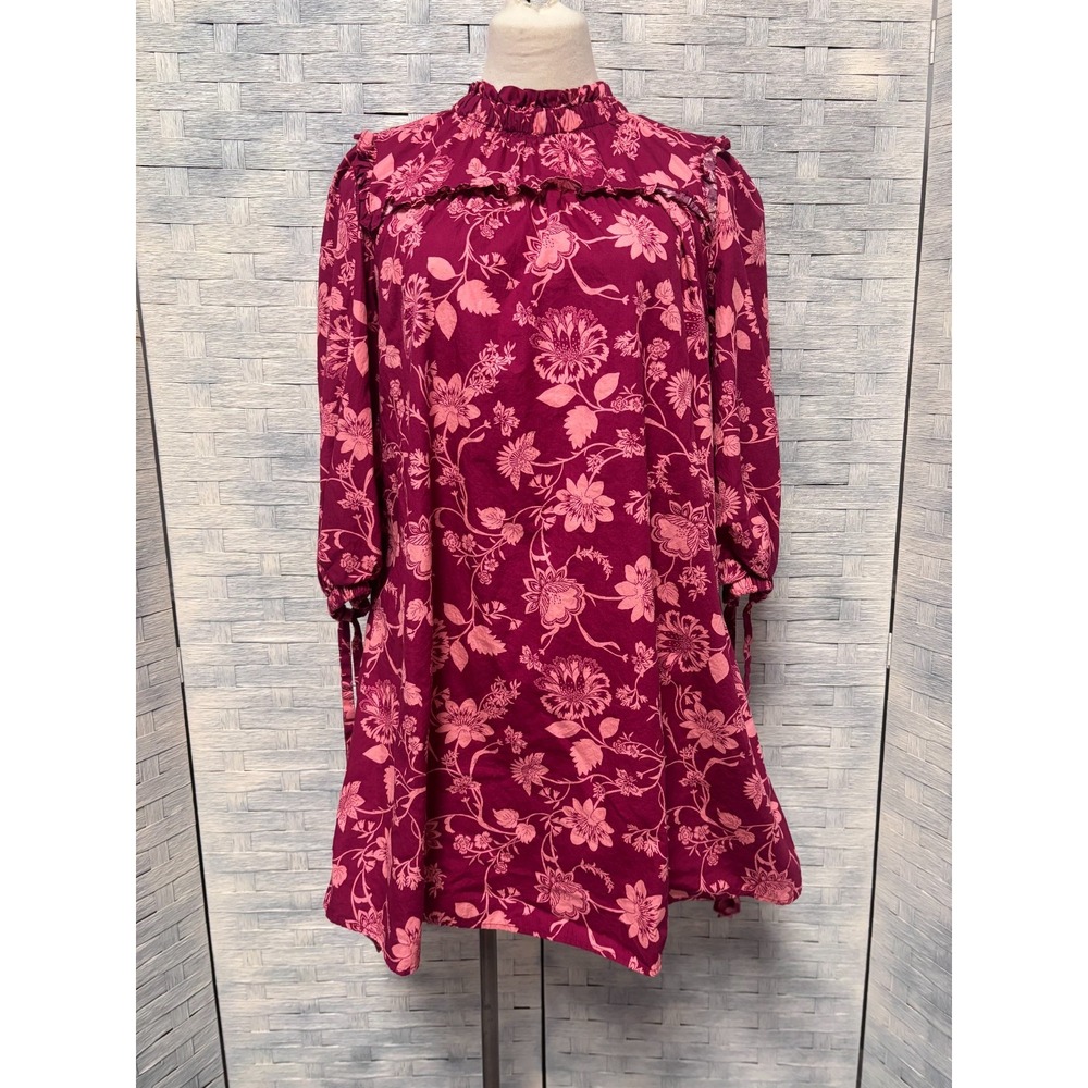 Sugarlips Womens XS Mini Dress Plum Pink Floral Ruffle High Neck Boho D6215PA